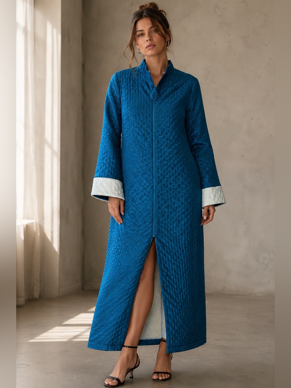 Vintage Morgan Taylor Intimates Teal Blue Satin quilted Full Zip Long Robe M